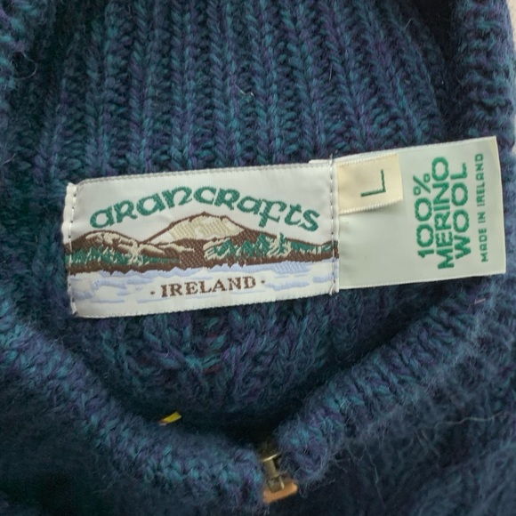 Aran Crafts Men Size Large Sweater 1/4 Zip Pullover Blue Merino Wool Cable Knit - Picture 9 of 11